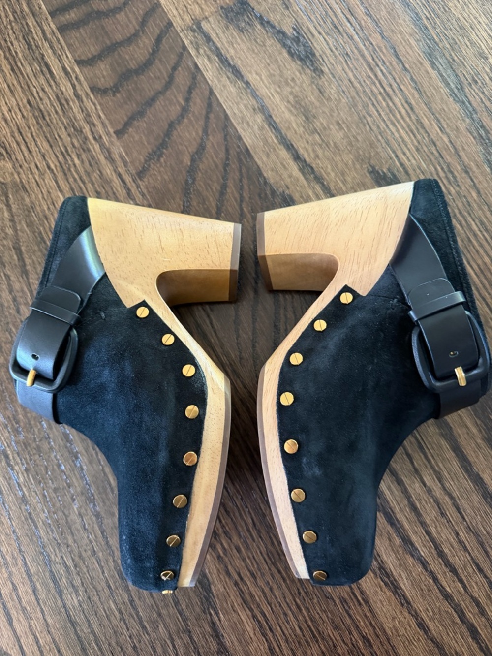 Veronica Beard black suede studded wood heeled mules